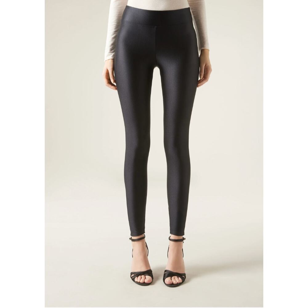 Calzedonia Black Legging Faux Leather Textured High-Waisted Pull-On Size Large L